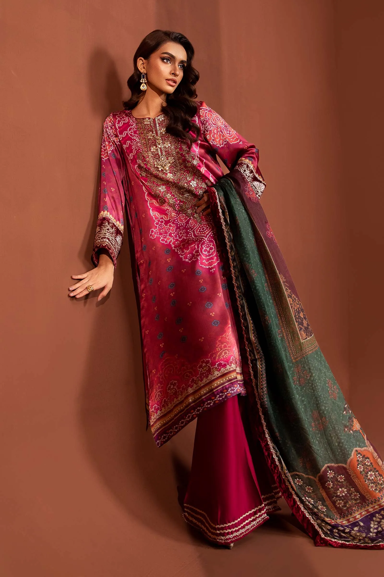 3 Piece Embroidered Pure Charmeuse Silk Suit | MPS-PF24-07