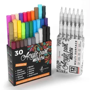 30 Multicolor   12 White Acrylic Medium Tip Paint Pens Bundle