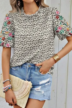 Anything For You - Embroidered Printed Wave Floral Top