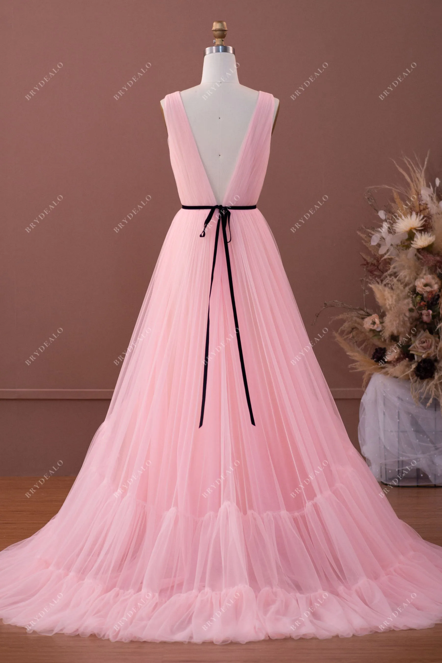 Baby Pink Pleated Tiered Tulle Formal Prom Dress