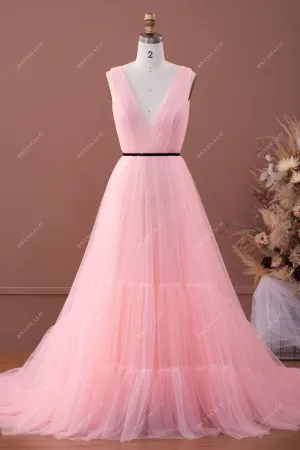 Baby Pink Pleated Tiered Tulle Formal Prom Dress