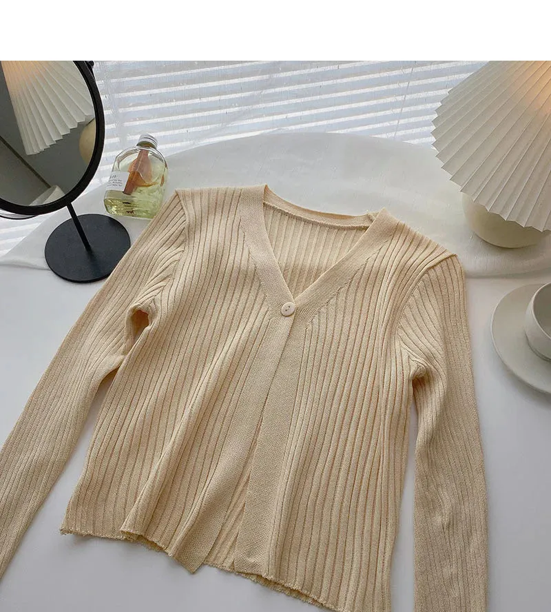 Candy V-neck one button cardigan versatile long sleeve short top      S2528