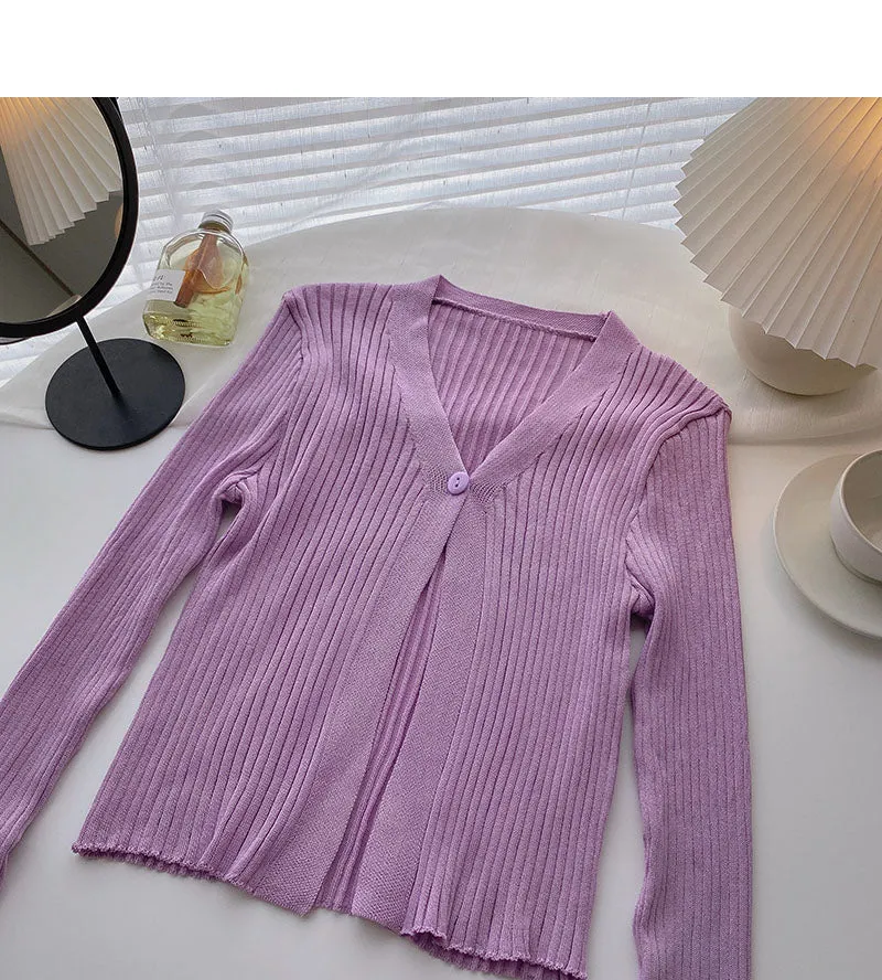 Candy V-neck one button cardigan versatile long sleeve short top      S2528