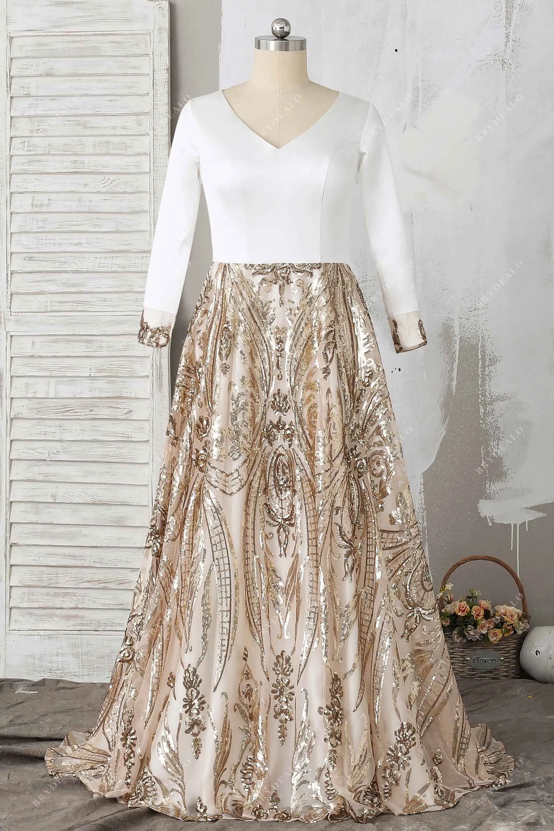 Chic Satin Sequin Two-tone Long Sleeve Prom Dress