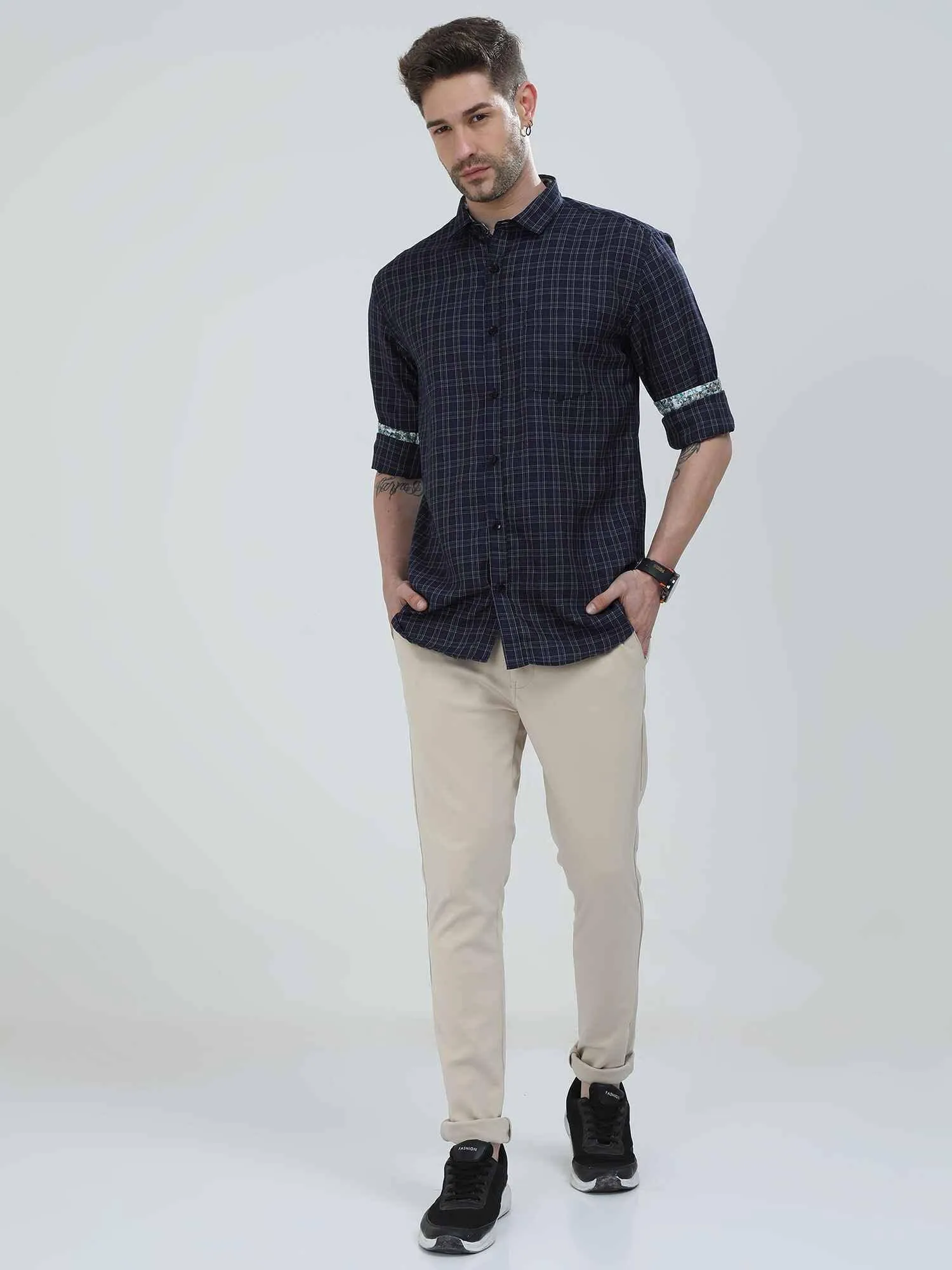 Dark Grey Checkered Cotton Shirt