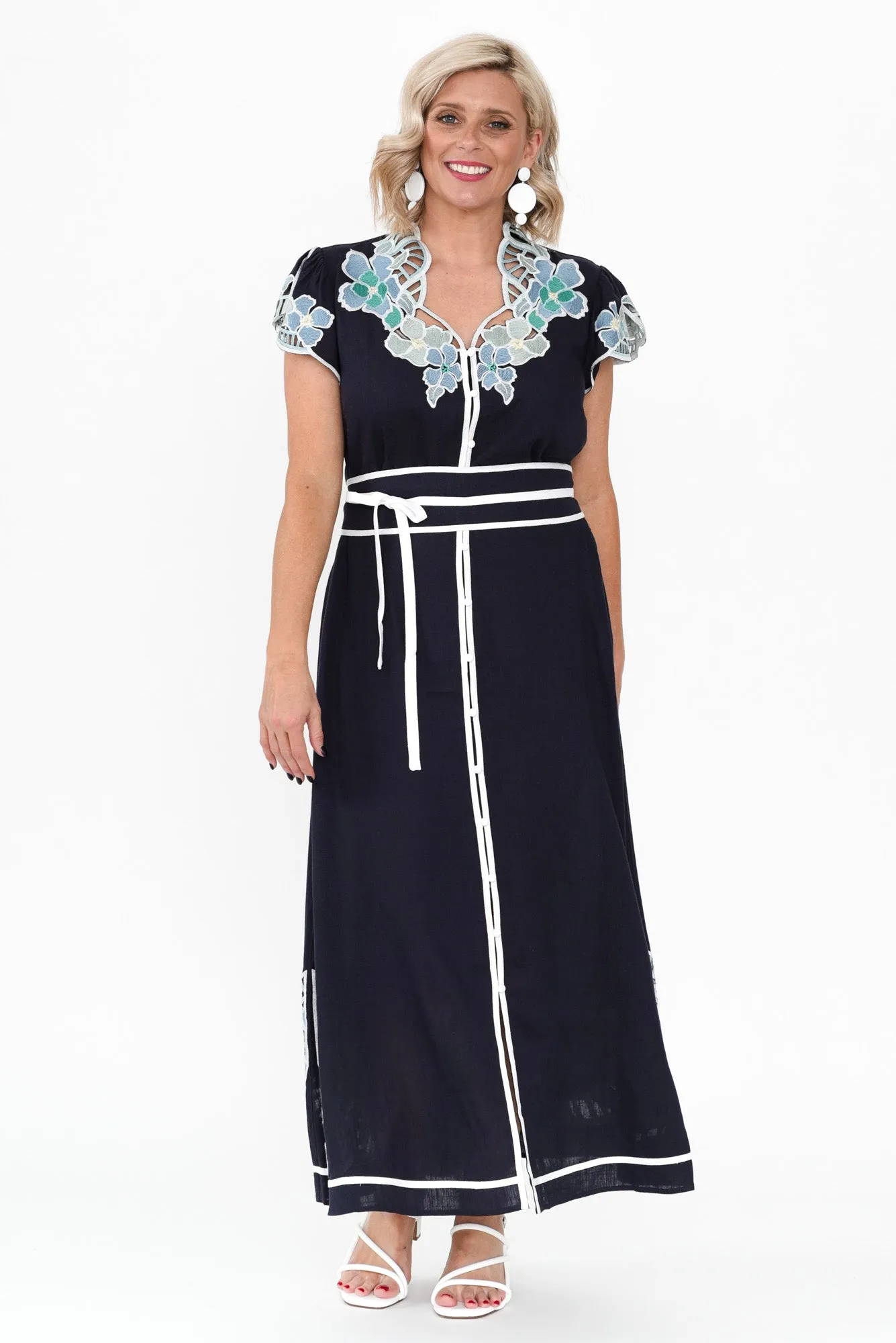 Delray Navy Lapis Embroidered Dress