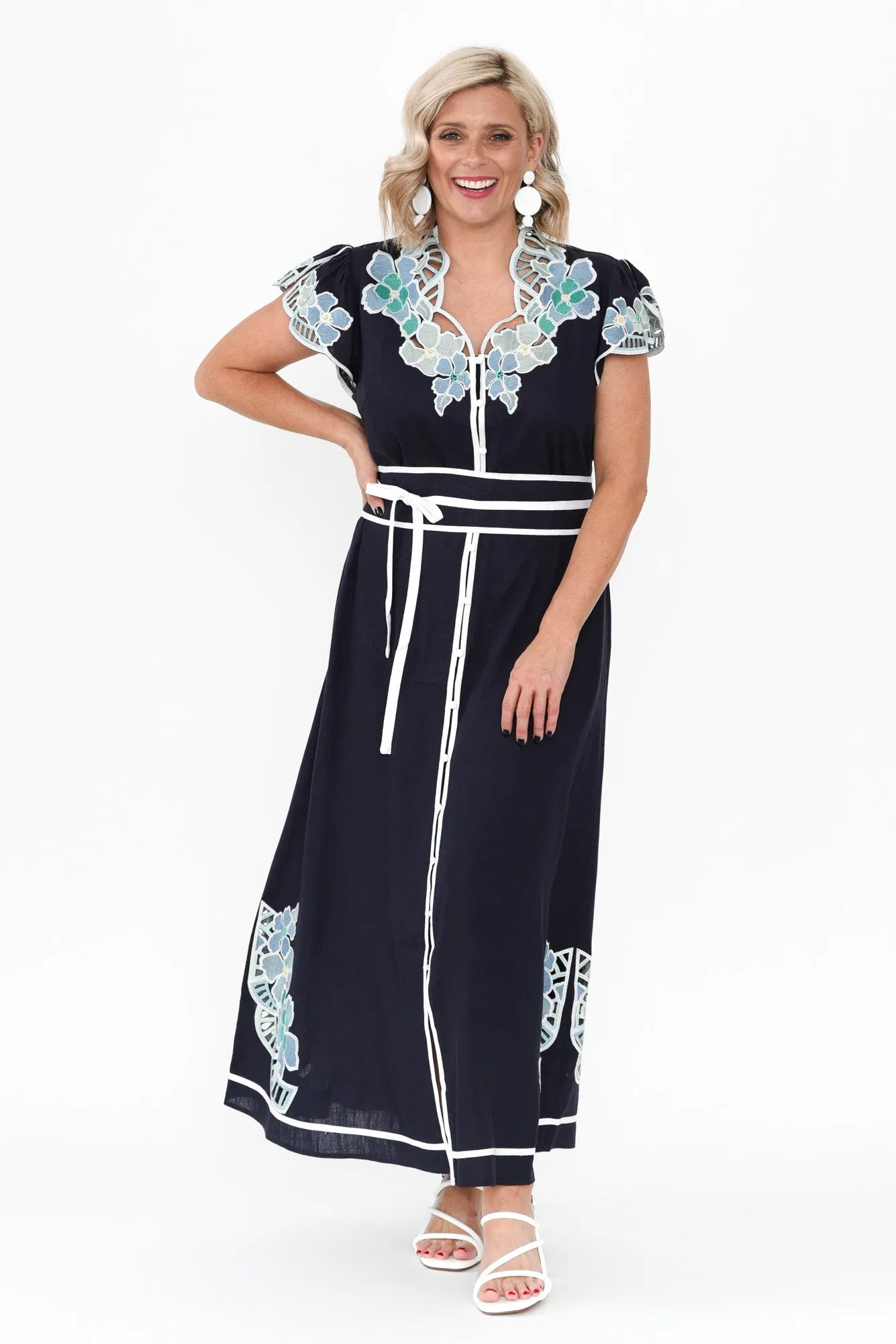 Delray Navy Lapis Embroidered Dress