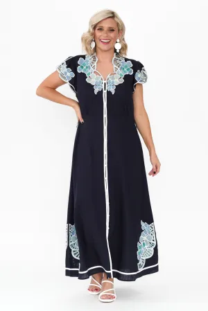 Delray Navy Lapis Embroidered Dress