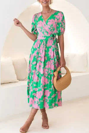 Elegant and trendy cross-neck V-neck wrap print dress