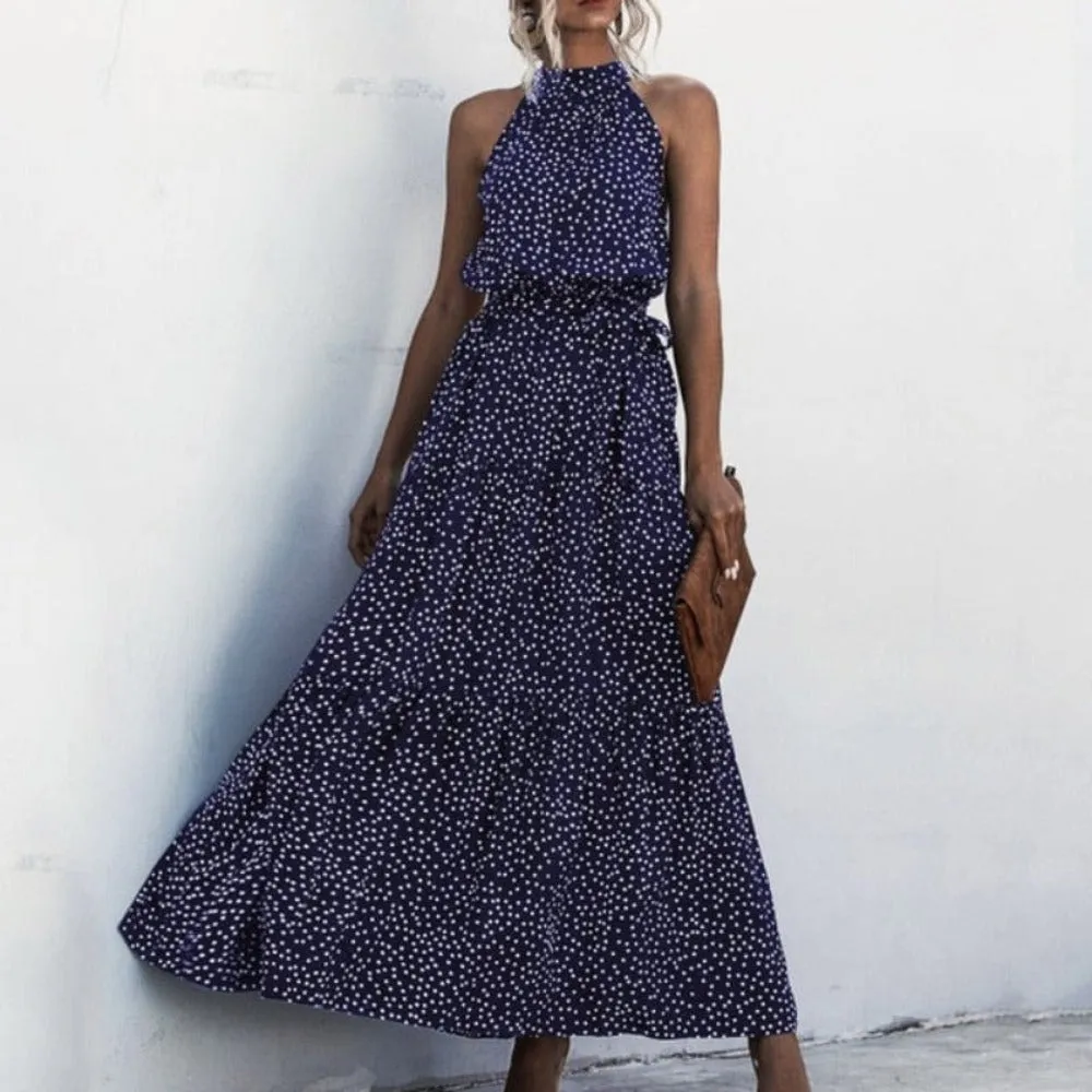 Elegant Long Dress Flowers Polka-Dot Strap