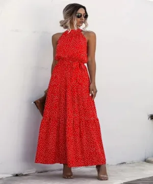 Elegant Long Dress Flowers Polka-Dot Strap