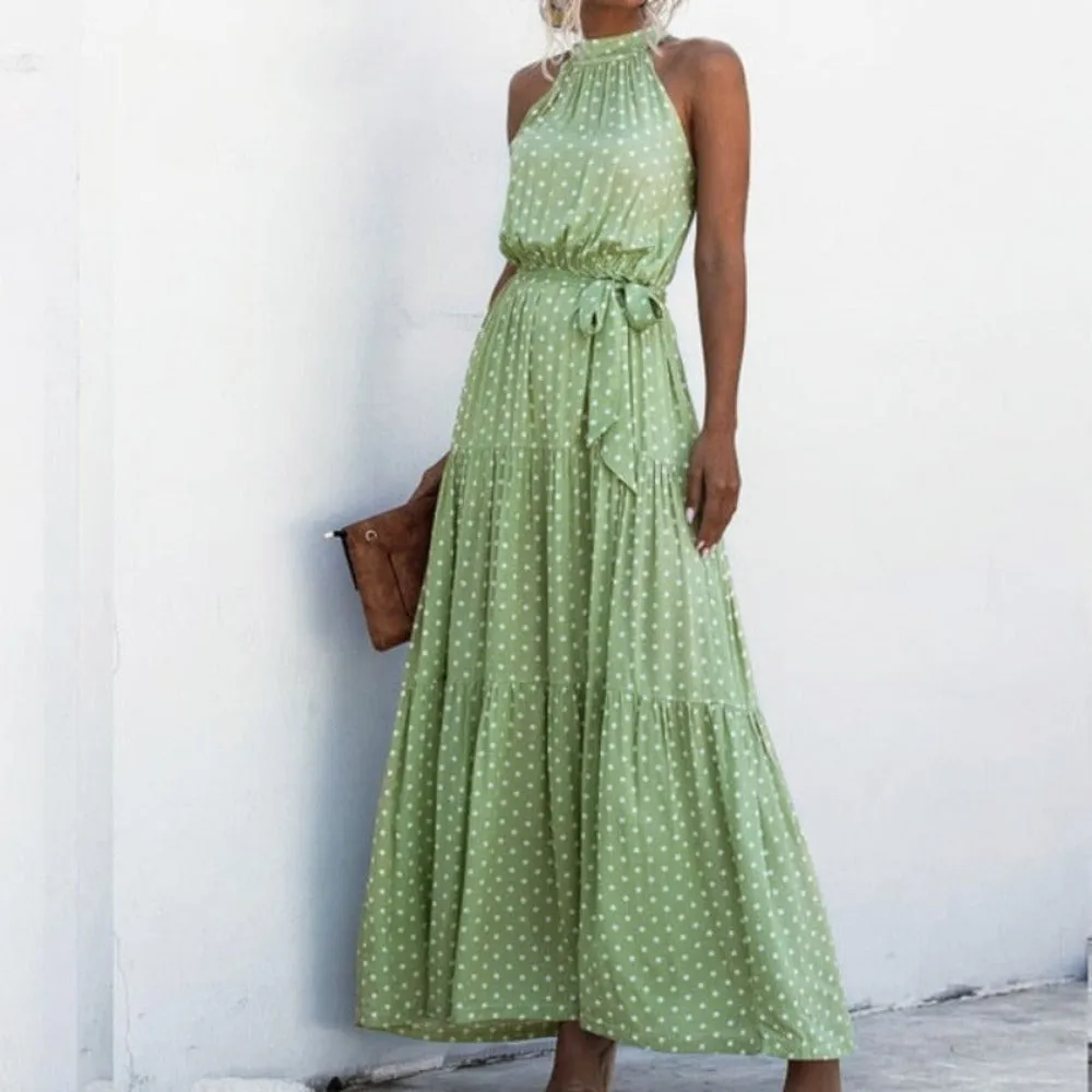 Elegant Long Dress Flowers Polka-Dot Strap