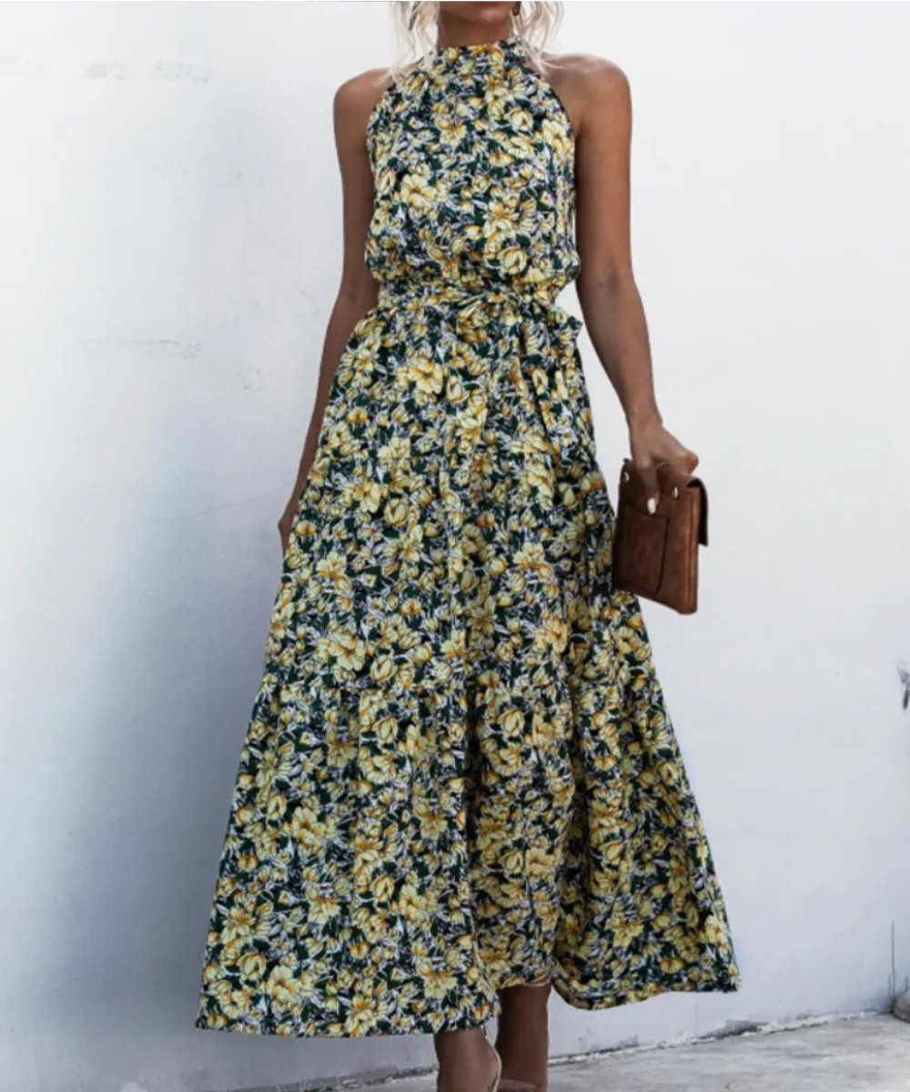 Elegant Long Dress Flowers Polka-Dot Strap