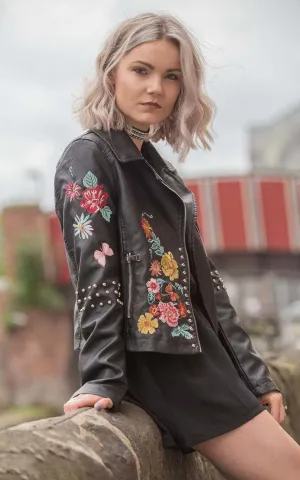 Floral Embroidered Studded Detail Biker Leather Jacket