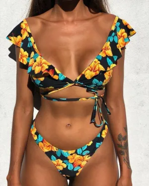 Flower Print Sleeveless Ruffles Bra With Panties Bikini Sets