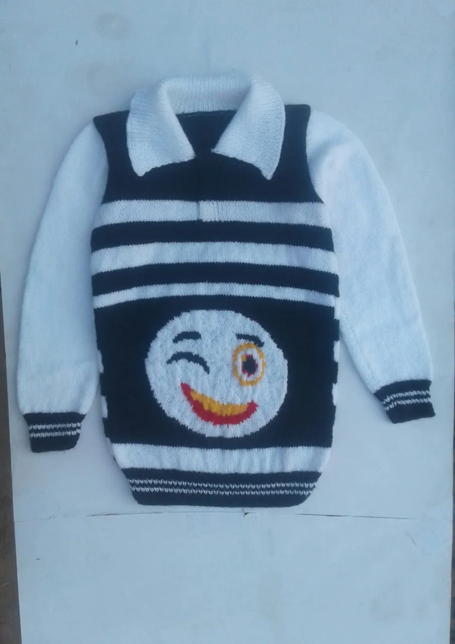 Graminarts Handmade Knitted Emoji Design Full Sleeve Sweater For Baby Boy-White & Black