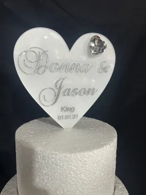 Heart Cake Topper, Wedding Cake Topper, White Acrylic Cake Topper with Personalised Names, Etched Engraved Heart Cake Topper