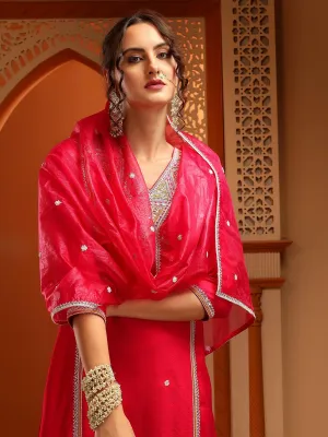 Kesar Muslin Red Embroidered Straight Kurta Set With Dupatta