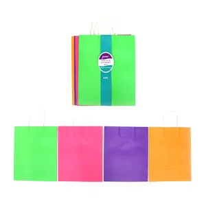 Large 6 Pack Bundled Neon, White Kraft Bag W/White Color Handle, 4 Colors