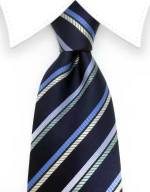 Navy Blue, Sky Blue, Green and Silver Striped Tie