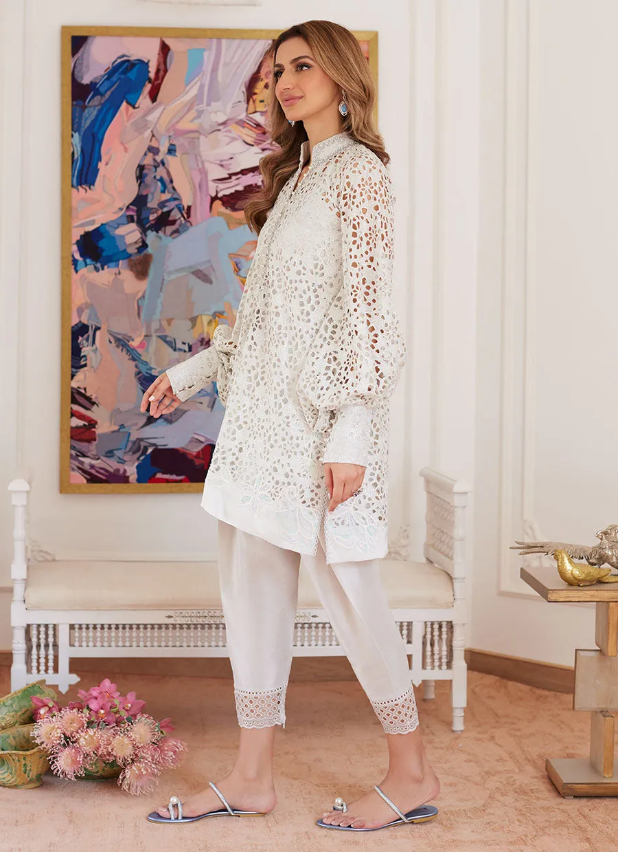 Ophelia Ivory Embroidered Schiffli Raw Silk Shirt