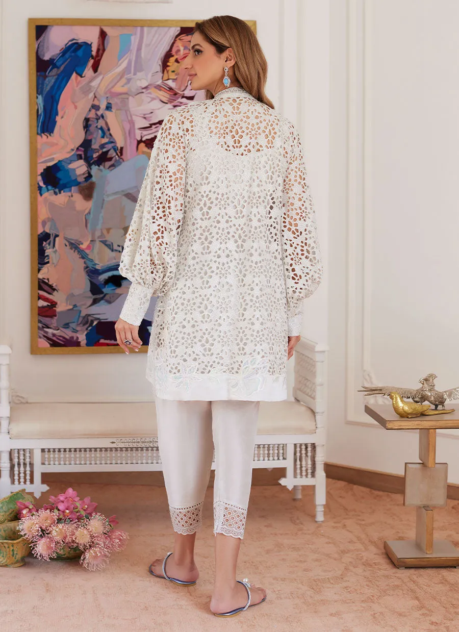 Ophelia Ivory Embroidered Schiffli Raw Silk Shirt