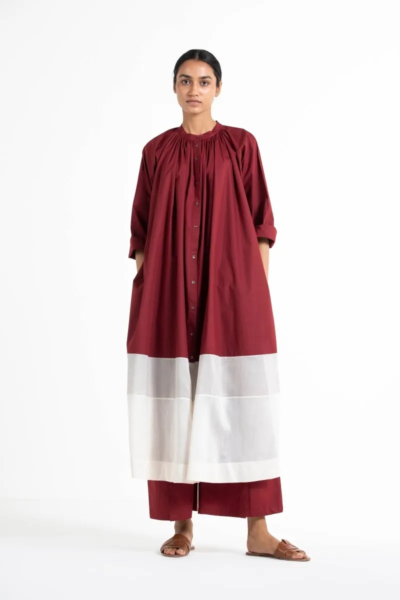 Panel Gather Neck Shirt Co-ord Crimson Red (Set of 2)