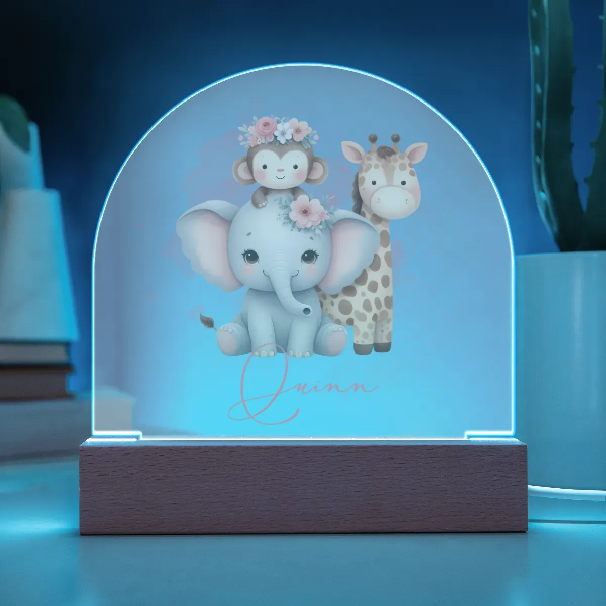 Personalised Elephant, Giraffe and Monkey Acrylic Dome Plaque Wooden Base Night Light