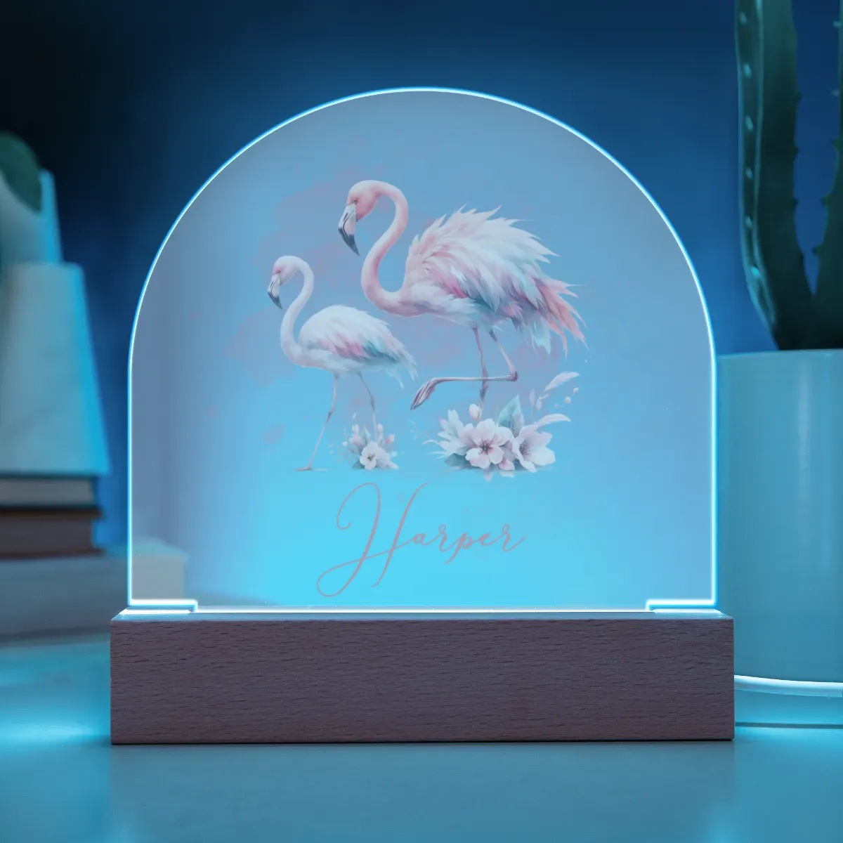 Personalised Flamingos Acrylic Dome Plaque Wooden Base Night Light