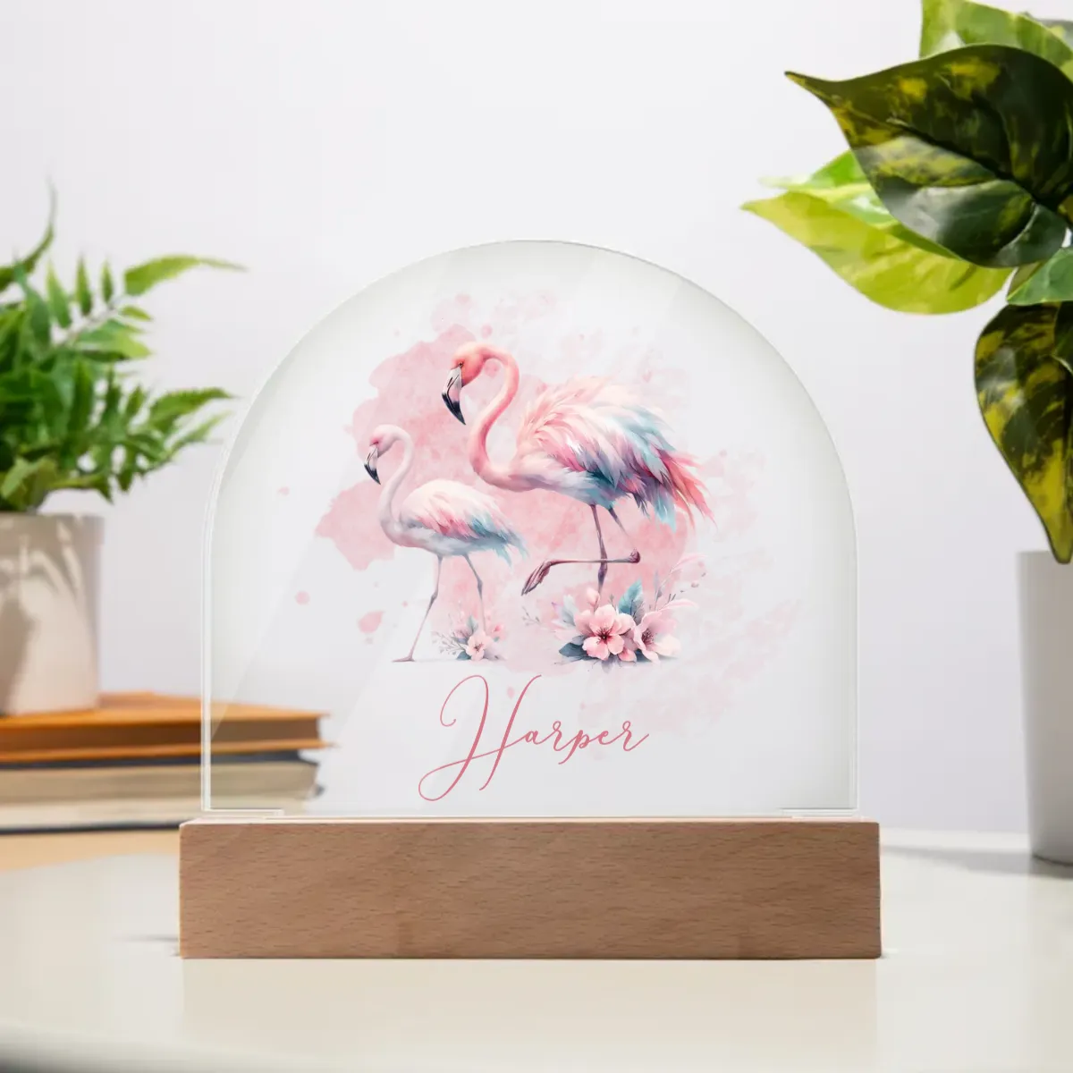 Personalised Flamingos Acrylic Dome Plaque Wooden Base Night Light