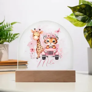 Personalised Giraffe and Tiger Acrylic Dome Plaque Wooden Base Night Light