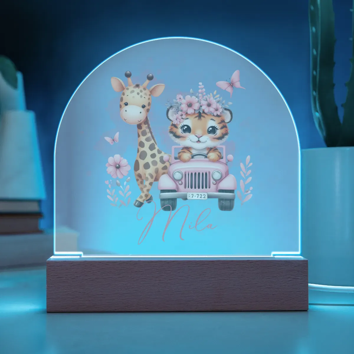 Personalised Giraffe and Tiger Acrylic Dome Plaque Wooden Base Night Light