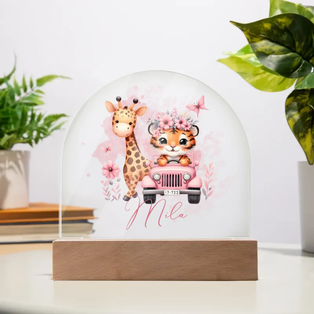 Personalised Giraffe and Tiger Acrylic Dome Plaque Wooden Base Night Light