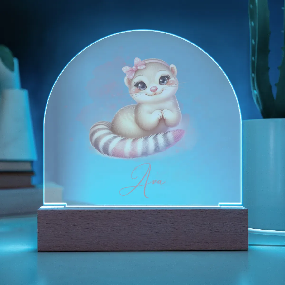 Personalised Meerkat Acrylic Dome Plaque Wooden Base Night Light