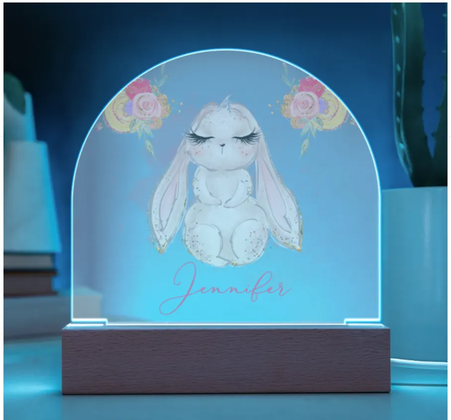 Personalised Rabbit Acrylic Dome Plaque - Wooden Base - Night Light