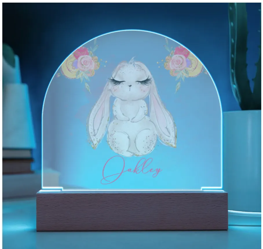 Personalised Rabbit Acrylic Dome Plaque - Wooden Base - Night Light