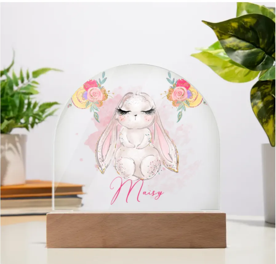 Personalised Rabbit Acrylic Dome Plaque - Wooden Base - Night Light