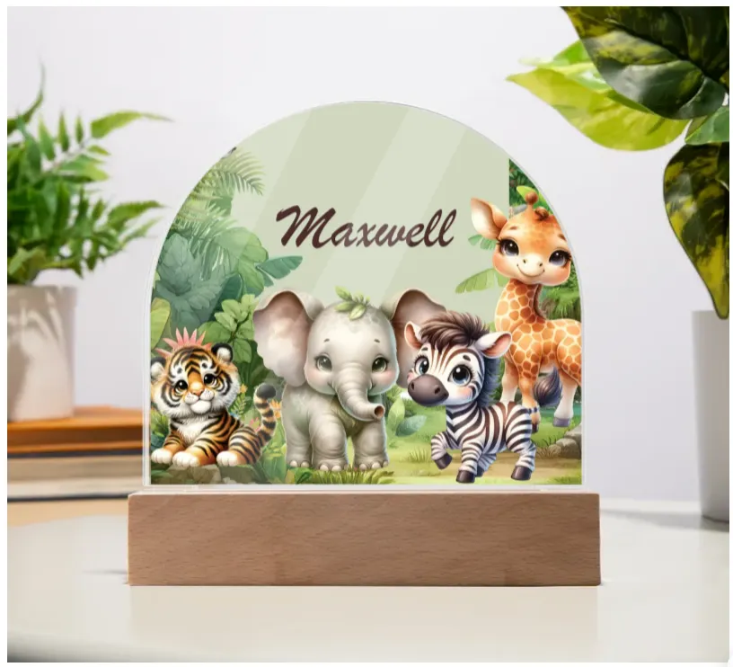 Personalised Safari Acrylic Dome Plaque Wooden Base Night Light