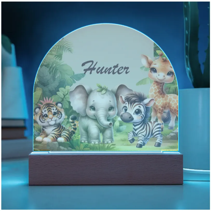 Personalised Safari Acrylic Dome Plaque Wooden Base Night Light