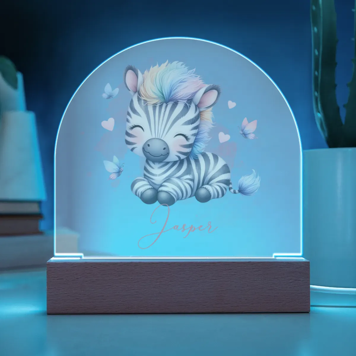 Personalised Zebra Acrylic Dome Plaque Wooden Base Night Light