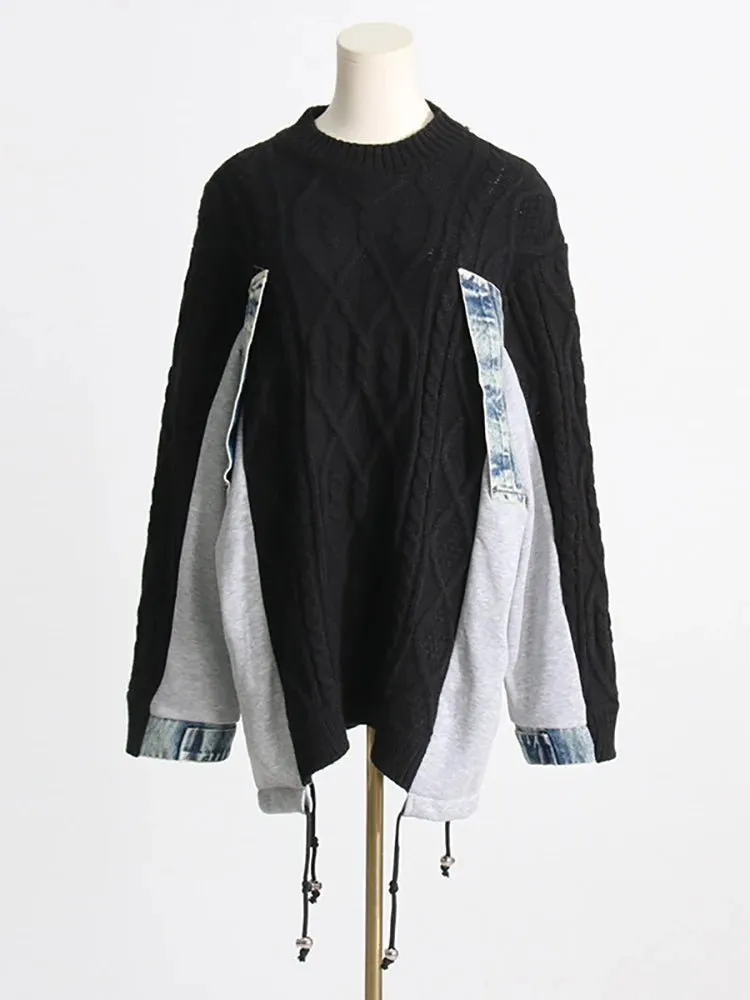 Pre Order:  Drawstring Knit Denim Patchwork Sweater