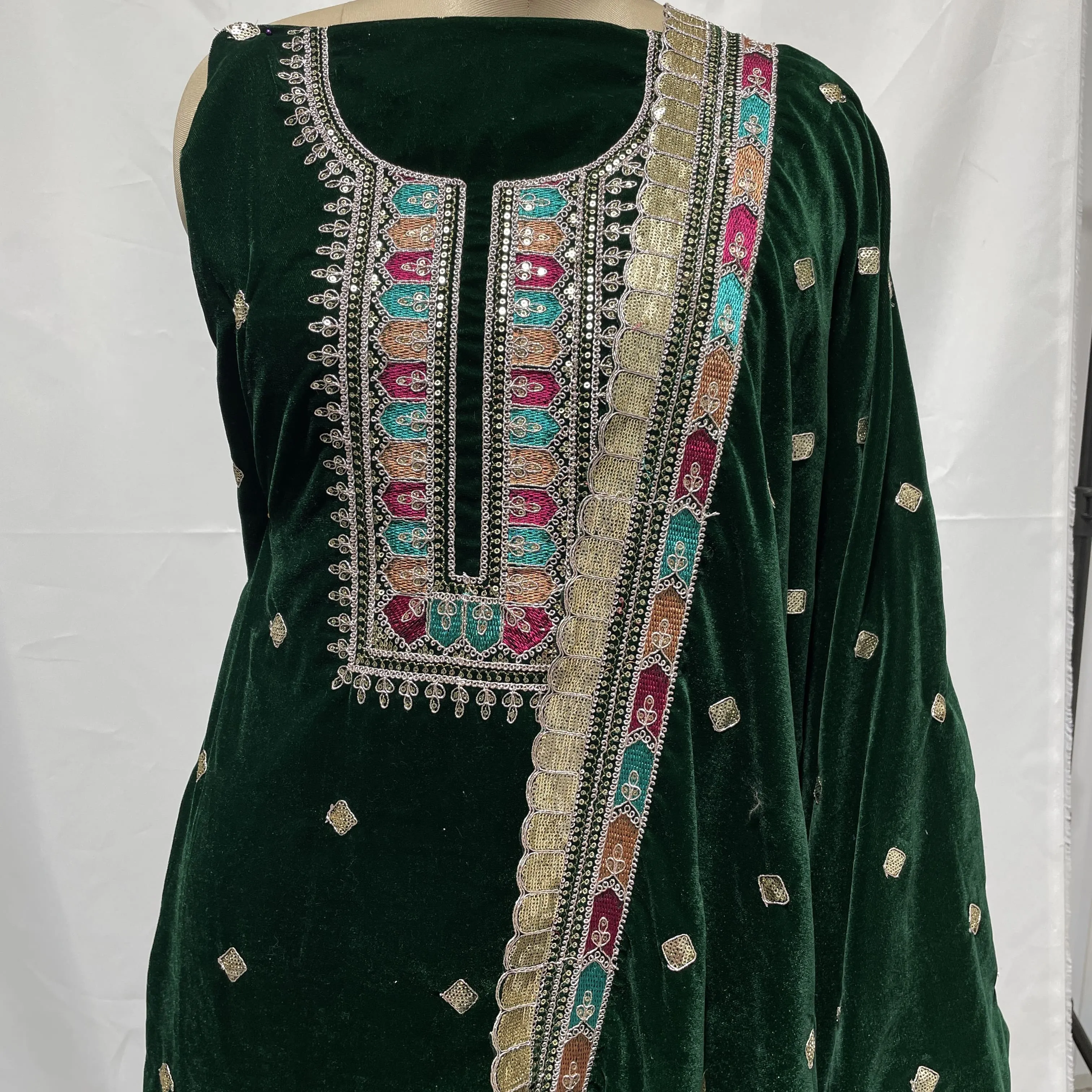 Premium Green Thread Sequins Embroidery Velvet Suit Set With Dupatta