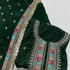 Premium Green Thread Sequins Embroidery Velvet Suit Set With Dupatta