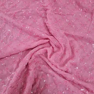 Premium Pink Floral CutDana Thread Embroidery Georgette Fabric