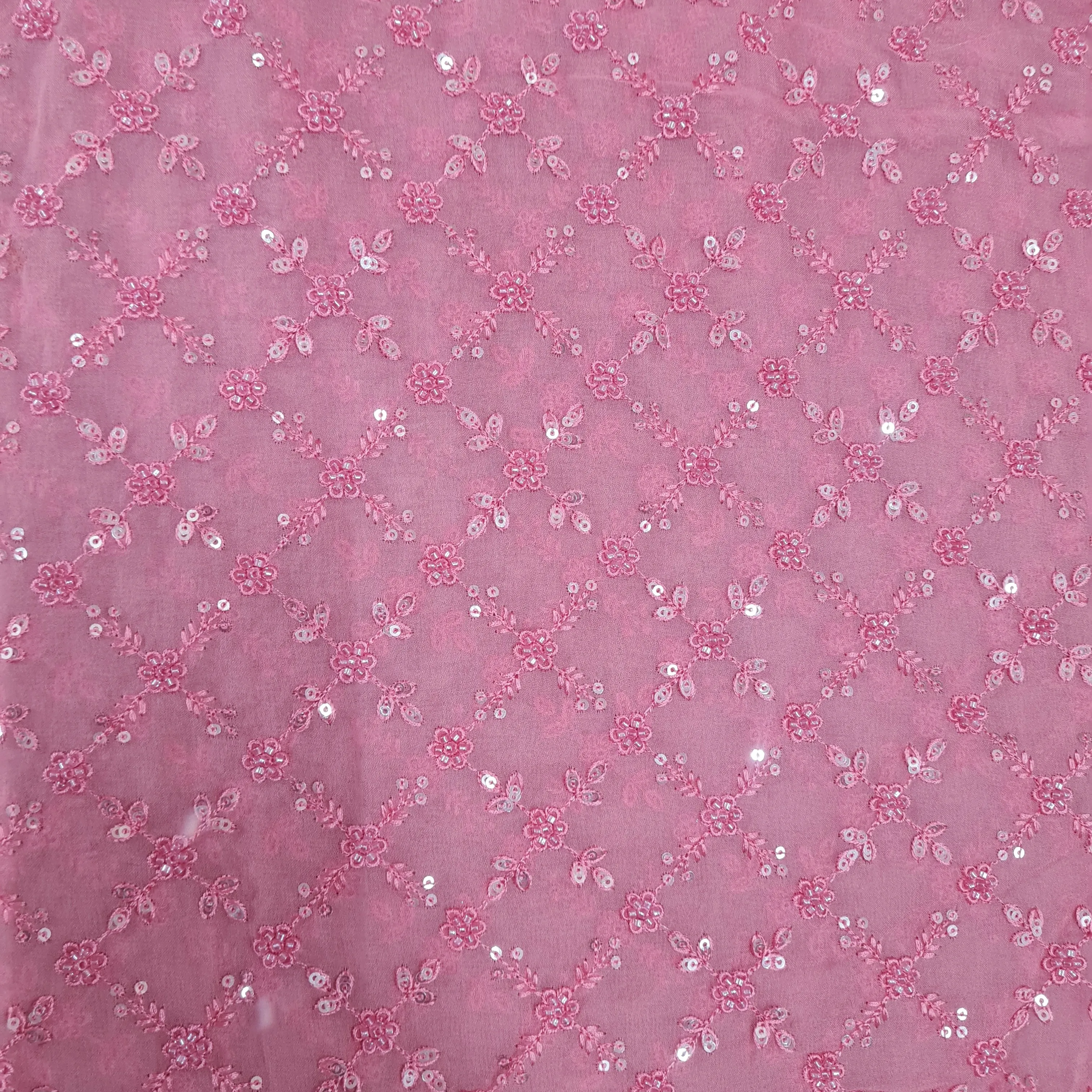 Premium Pink Floral CutDana Thread Embroidery Georgette Fabric