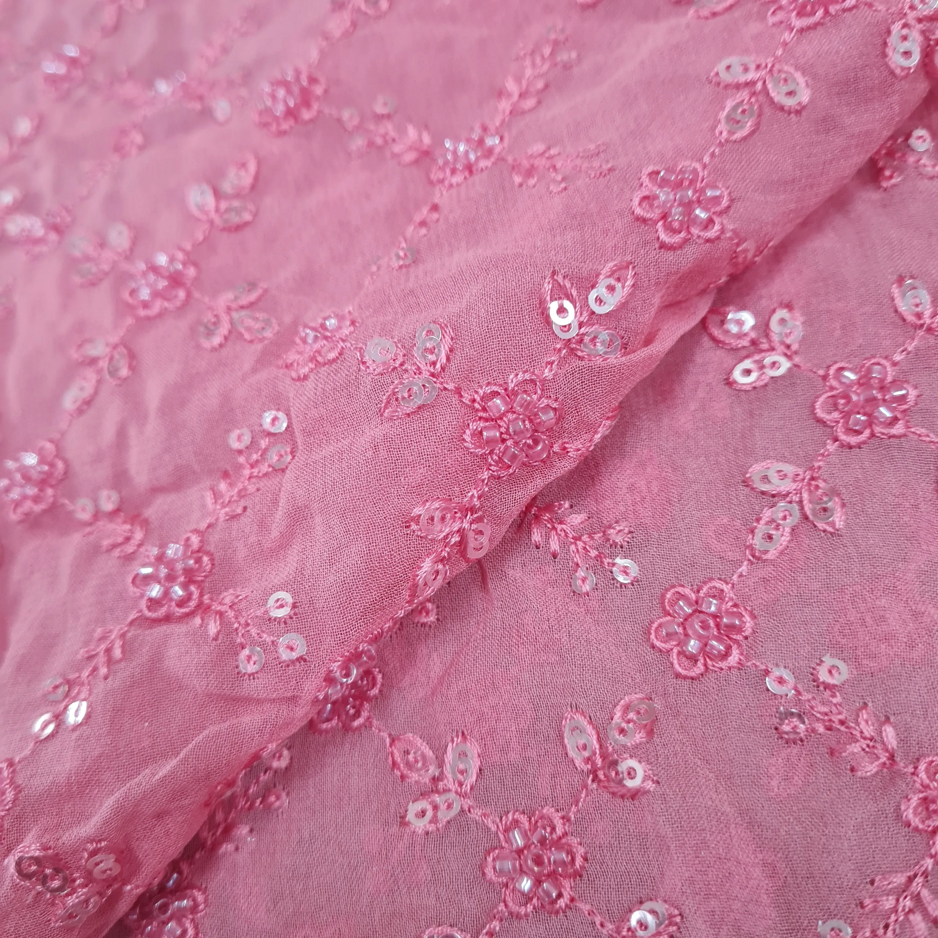 Premium Pink Floral CutDana Thread Embroidery Georgette Fabric