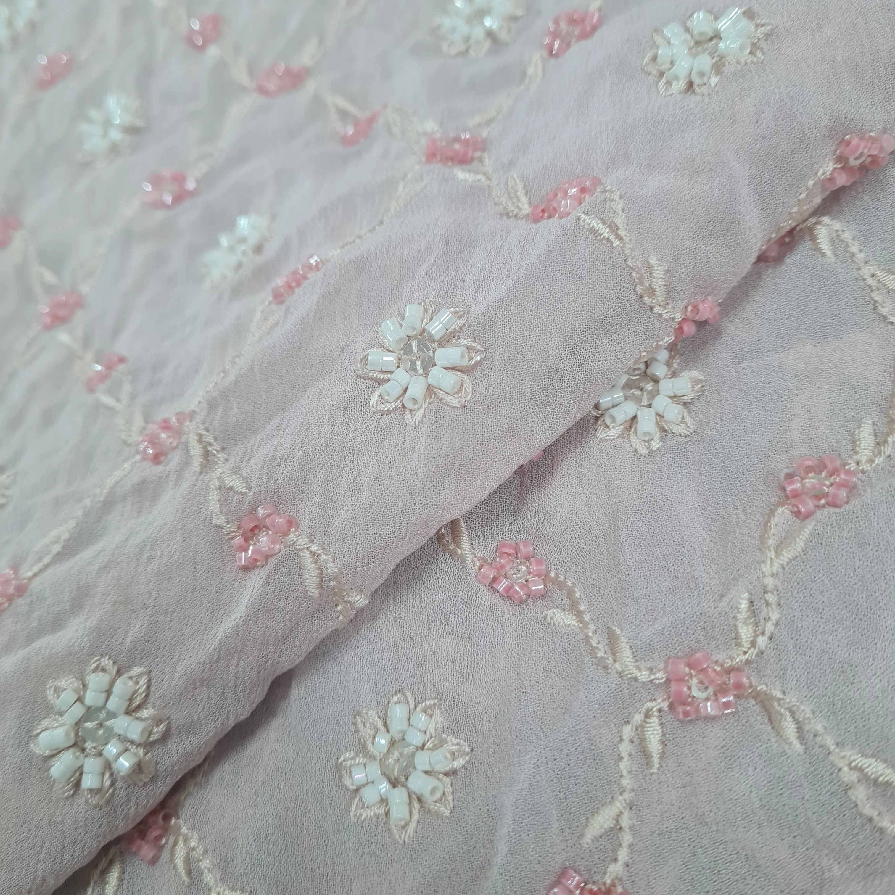 Premium Pink Floral Thread Embroidery Georgette Fabric