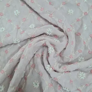 Premium Pink Floral Thread Embroidery Georgette Fabric