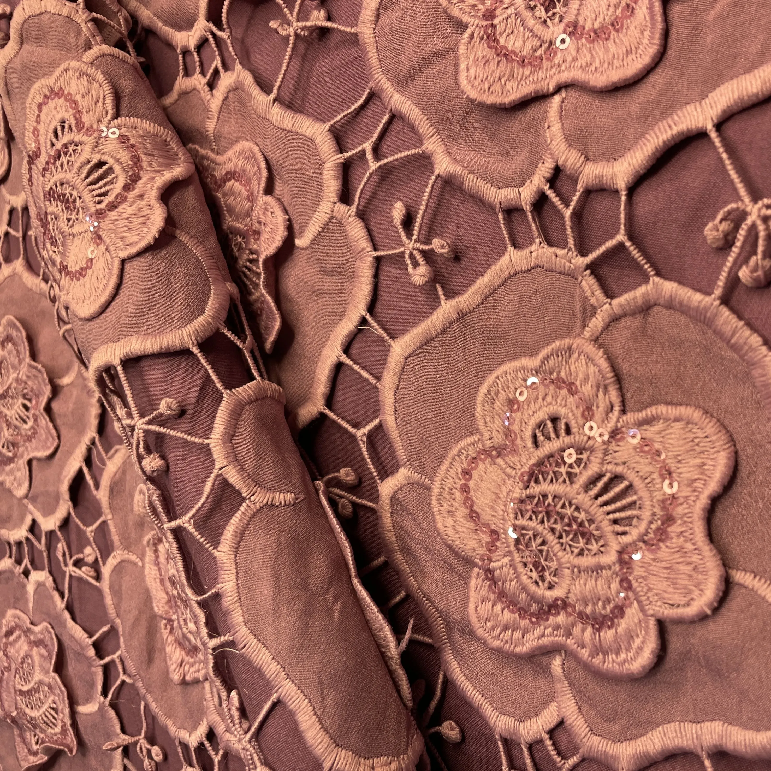 Premium Plum Pink 3D Floral Sequins Embroidery Schiffli Crepe Fabric