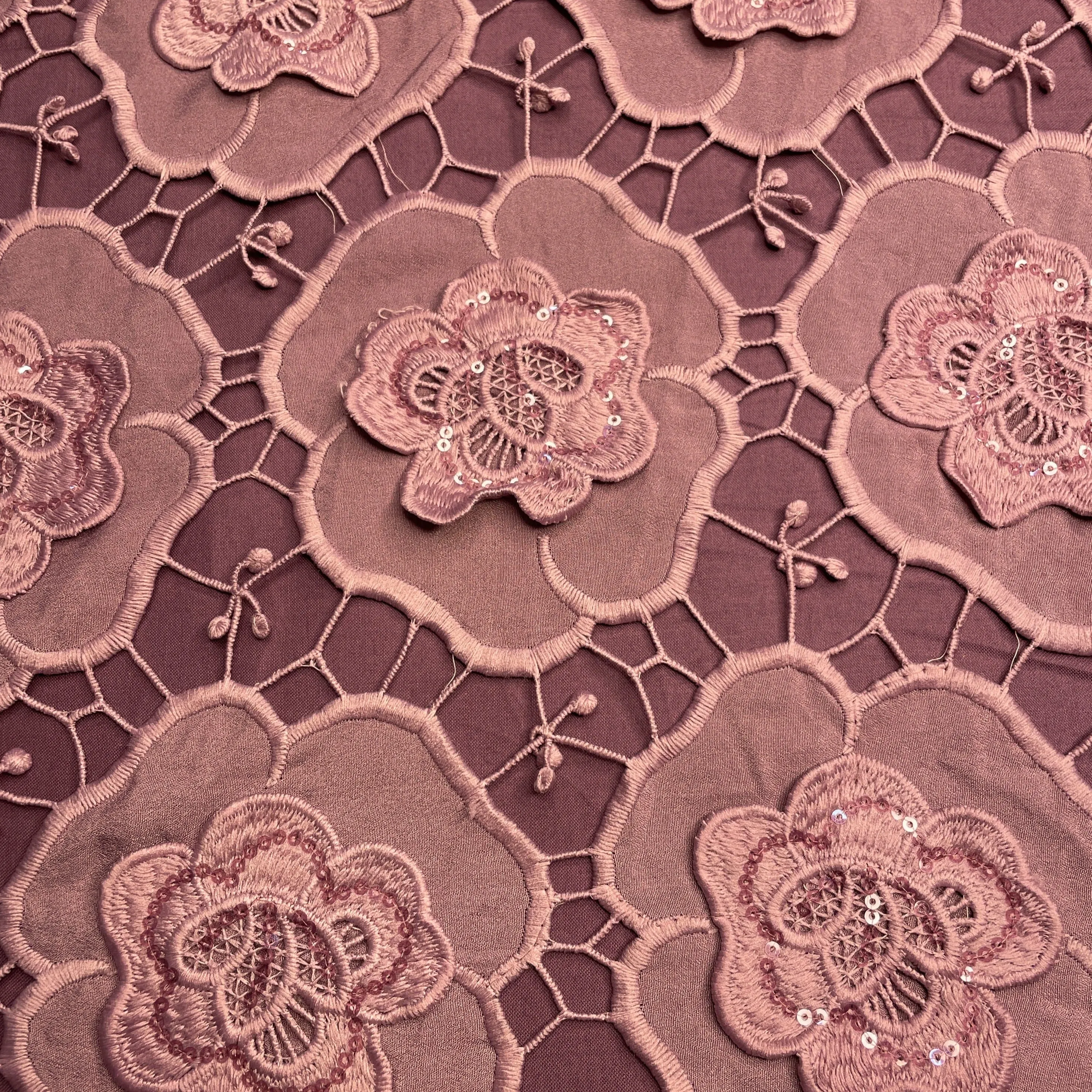 Premium Plum Pink 3D Floral Sequins Embroidery Schiffli Crepe Fabric